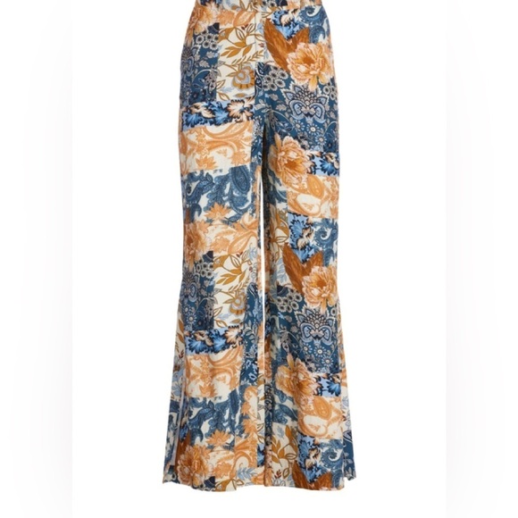 Boston Proper Arizona Patchwork Print Linen Wide Leg Palazzo Pant Size 12 Summer - Picture 2 of 11